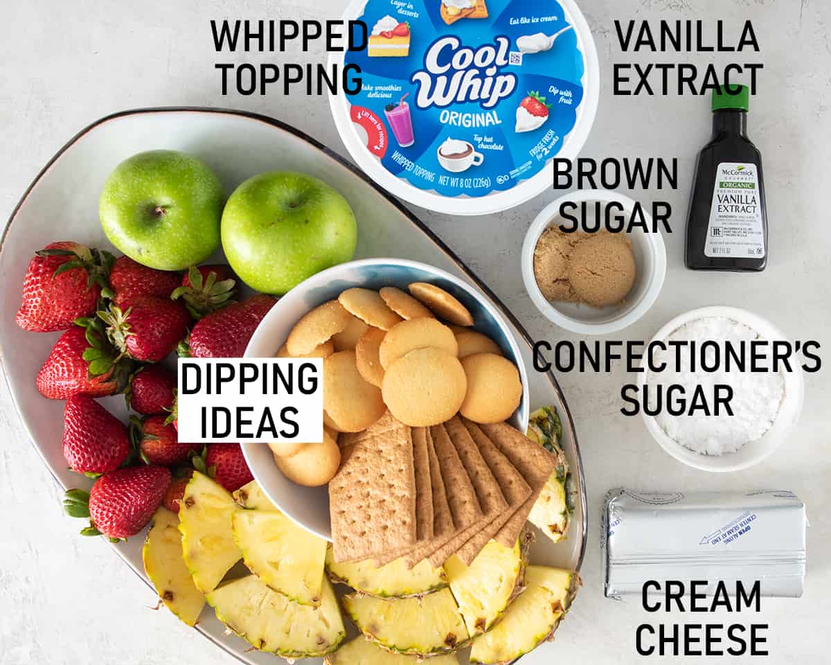 Ingredients and dipper ideas for a no-bake cream cheese dip.