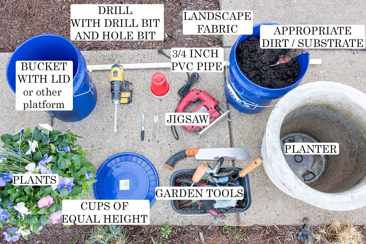 Supplies and tools needed to create a self watering pot.