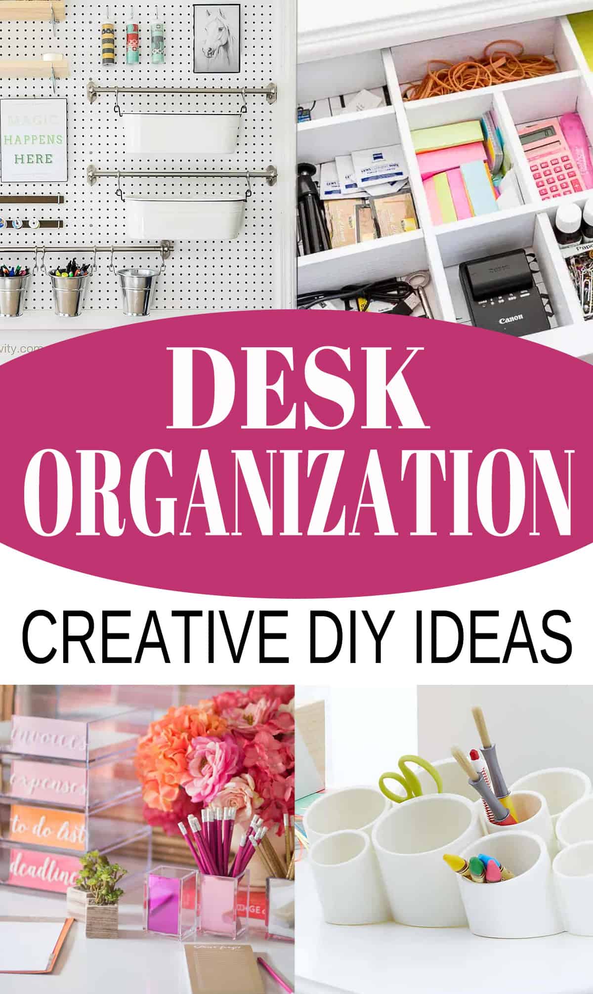 Collage of desk organization ideas with title bubble logo.