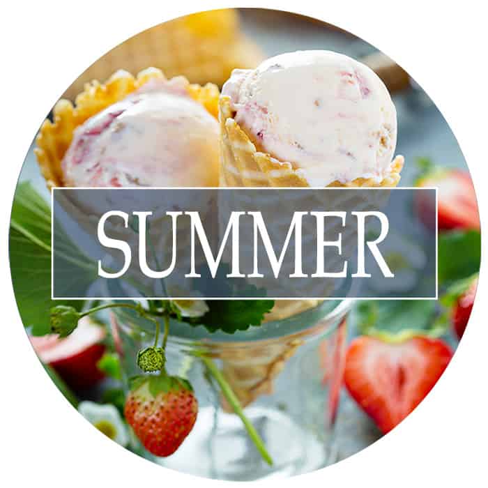 Two cones of strawberry ice cream with summer logo overlay.