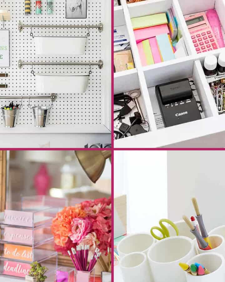 Collage of diy desk organizers with pegboard, drawer organizer, cups, and trays.