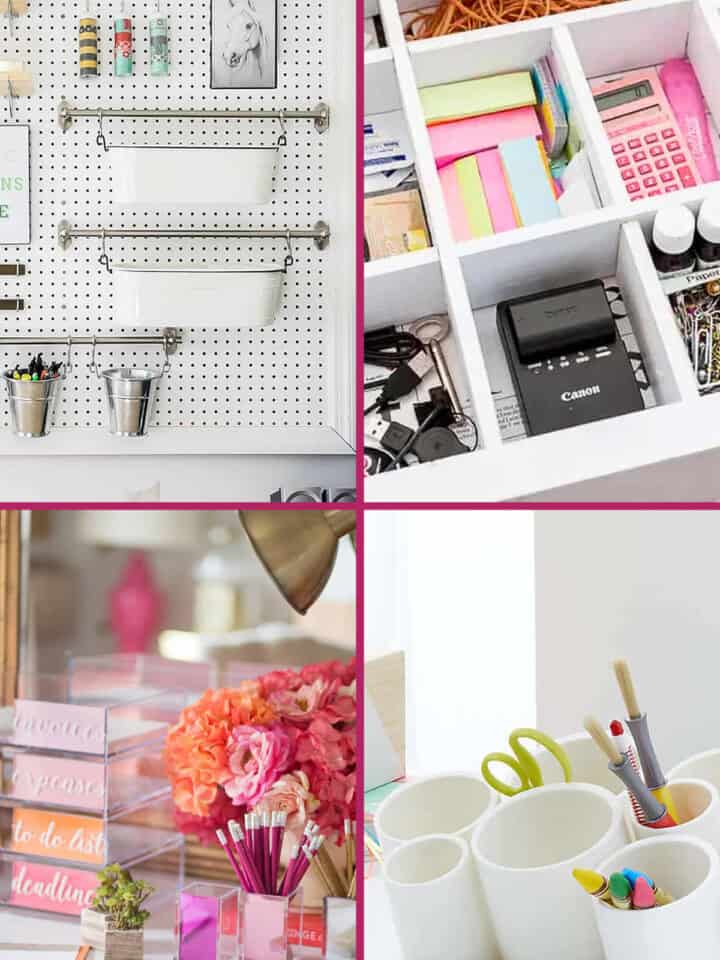 Collage of diy desk organizers with pegboard, drawer organizer, cups, and trays.