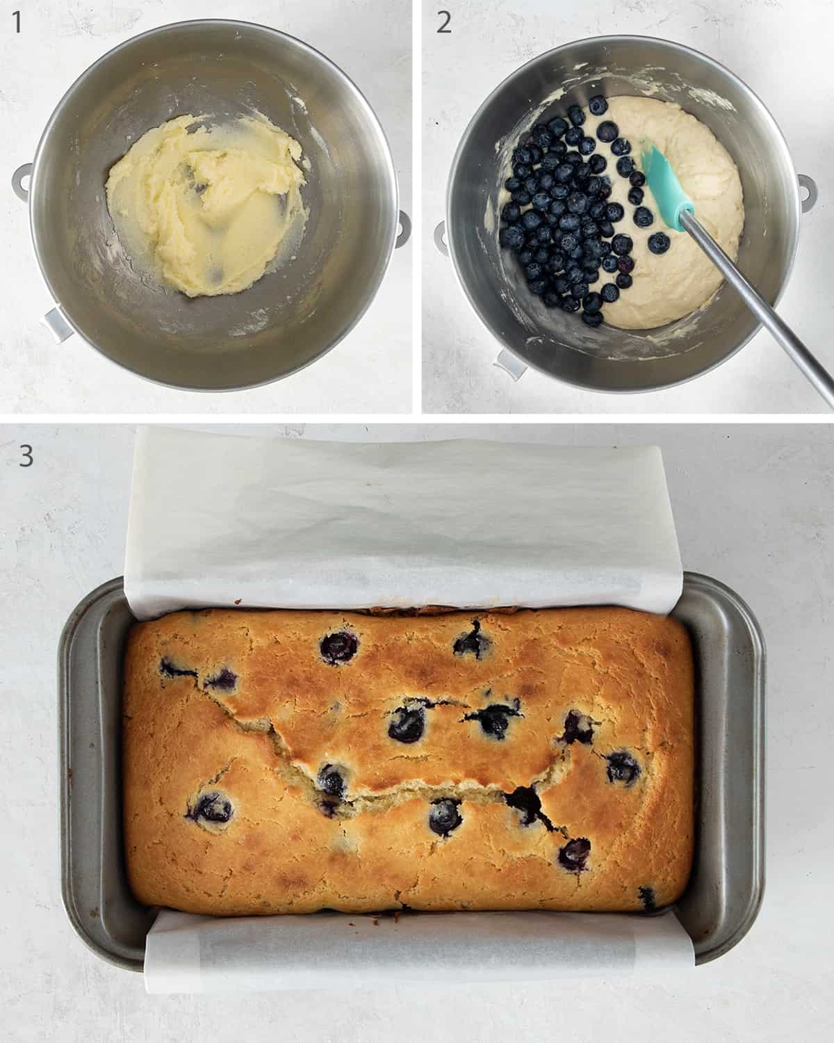 Collage of steps for blueberry loaf including creamed butter, batter, and loaf after baking.