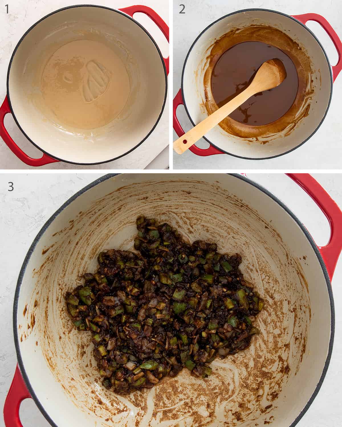 A collage of steps to make a chocolate roux with starting the roux, cooking to a dark roux consistency, and turning black after the vegetables are added.