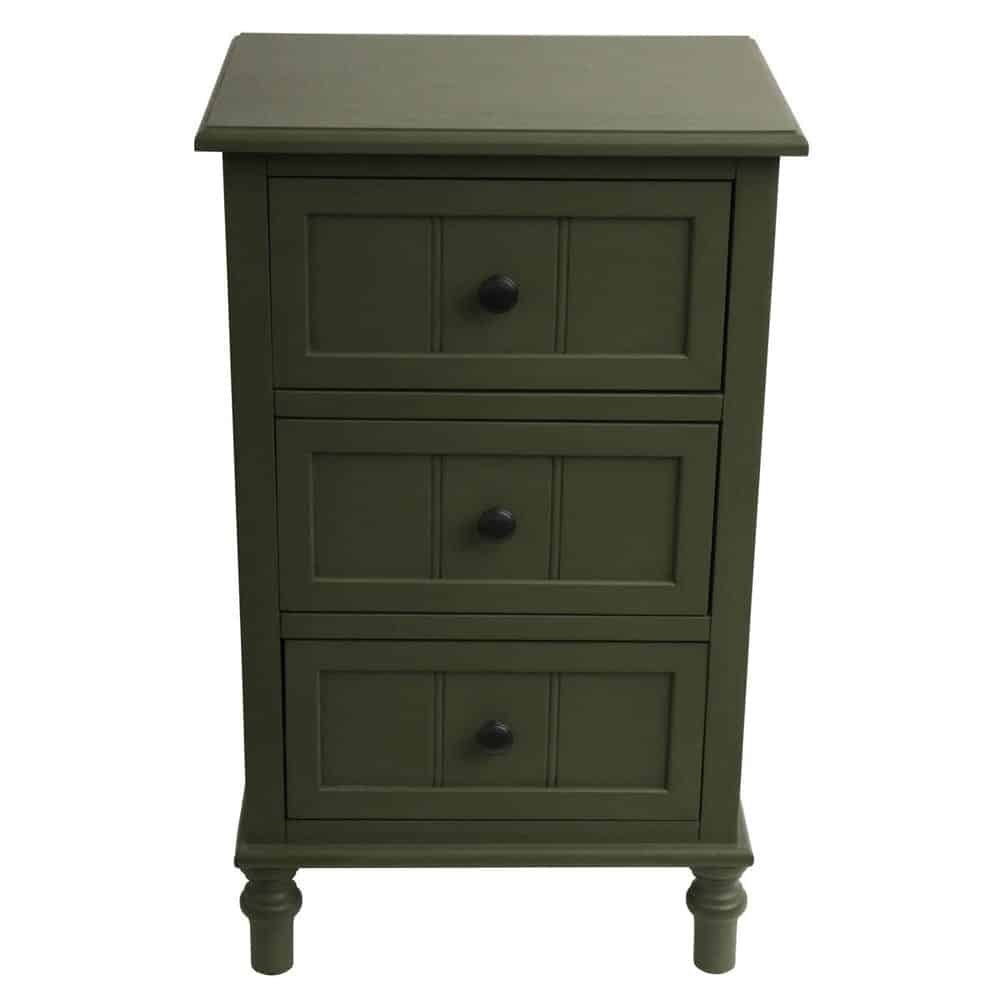 Green vintage mission three-drawer chest with turned legs and black round hardware.