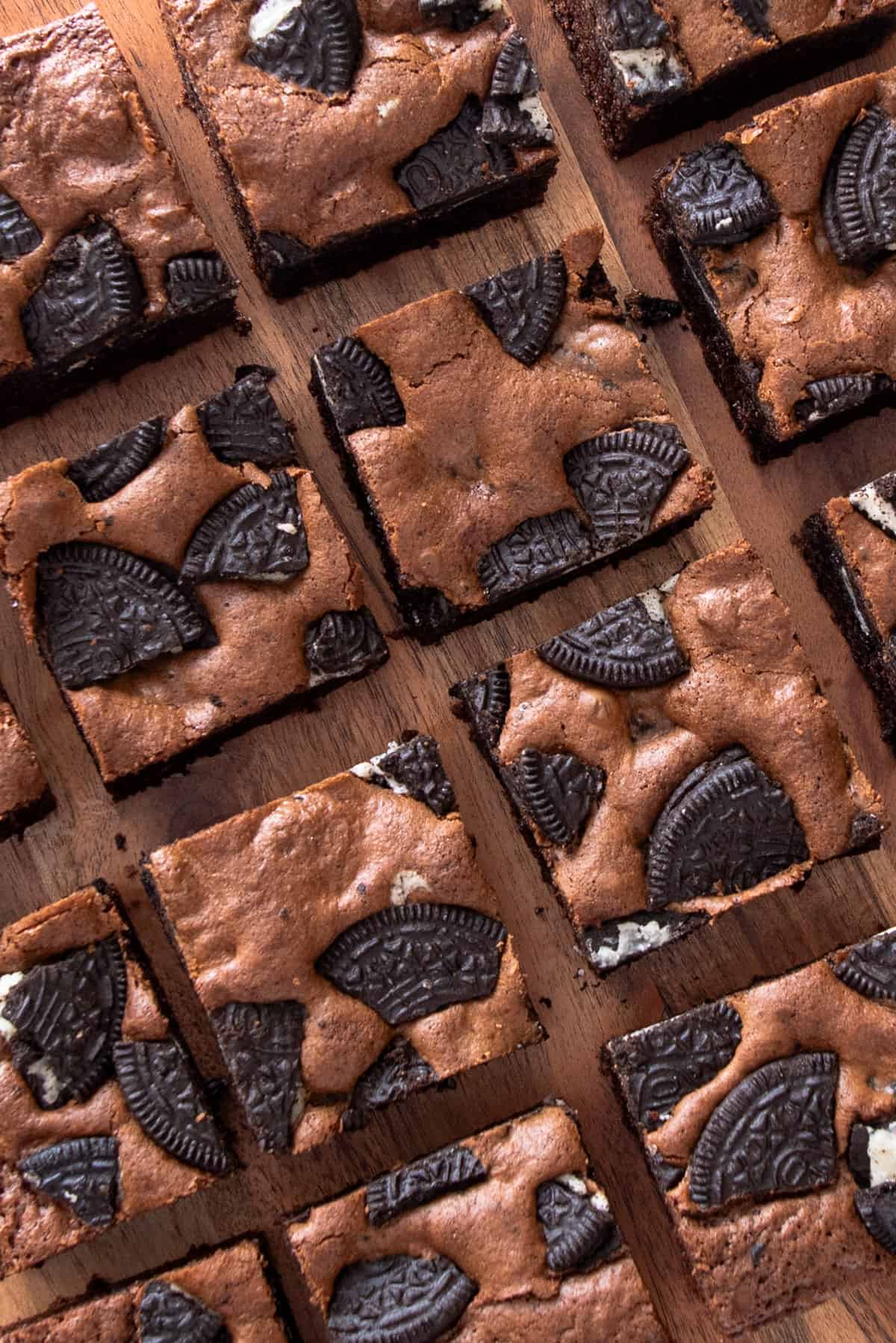 Overhead of Oreo brownies cut into squares.