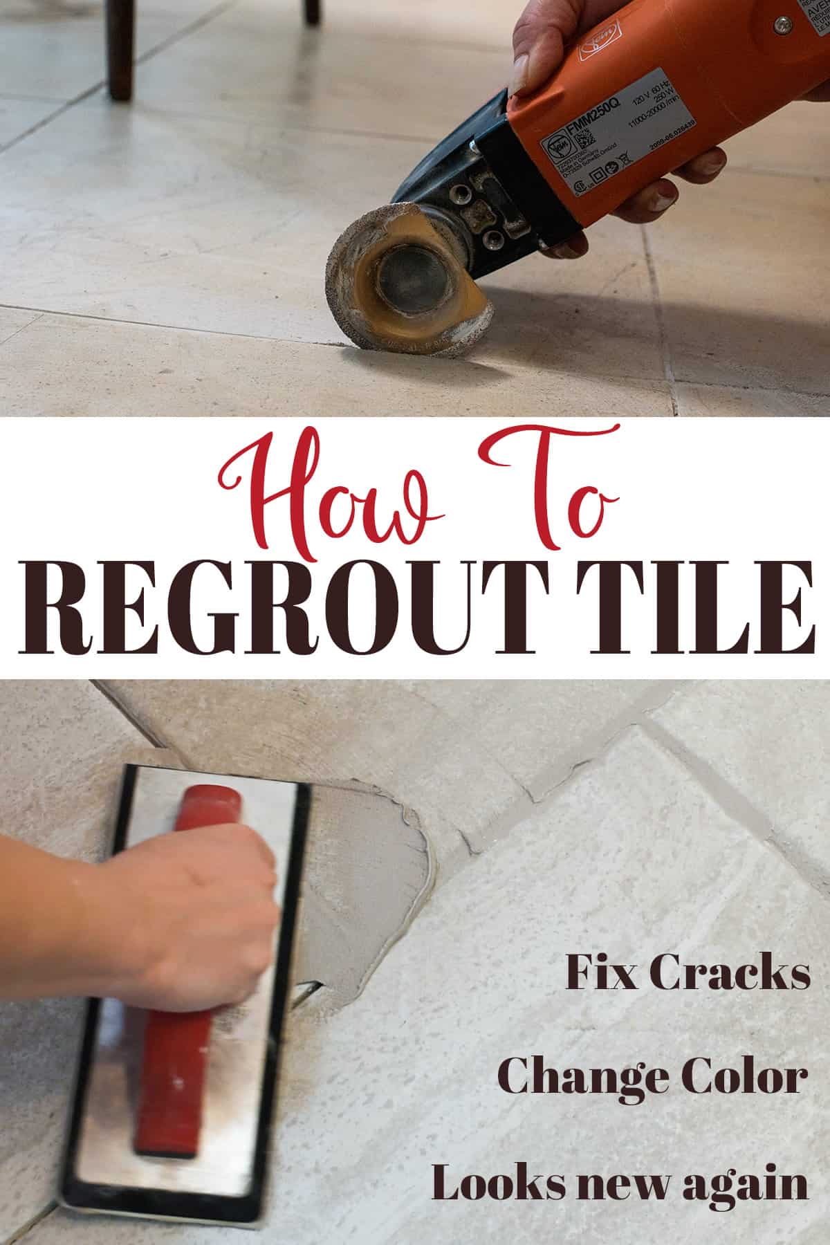 Collage of a woman removing grout and then adding grout  to tile floors.