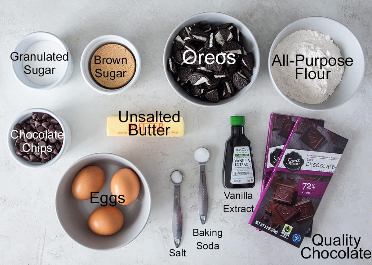 Ingredients to make Oreo brownies laid out on a table with labels.