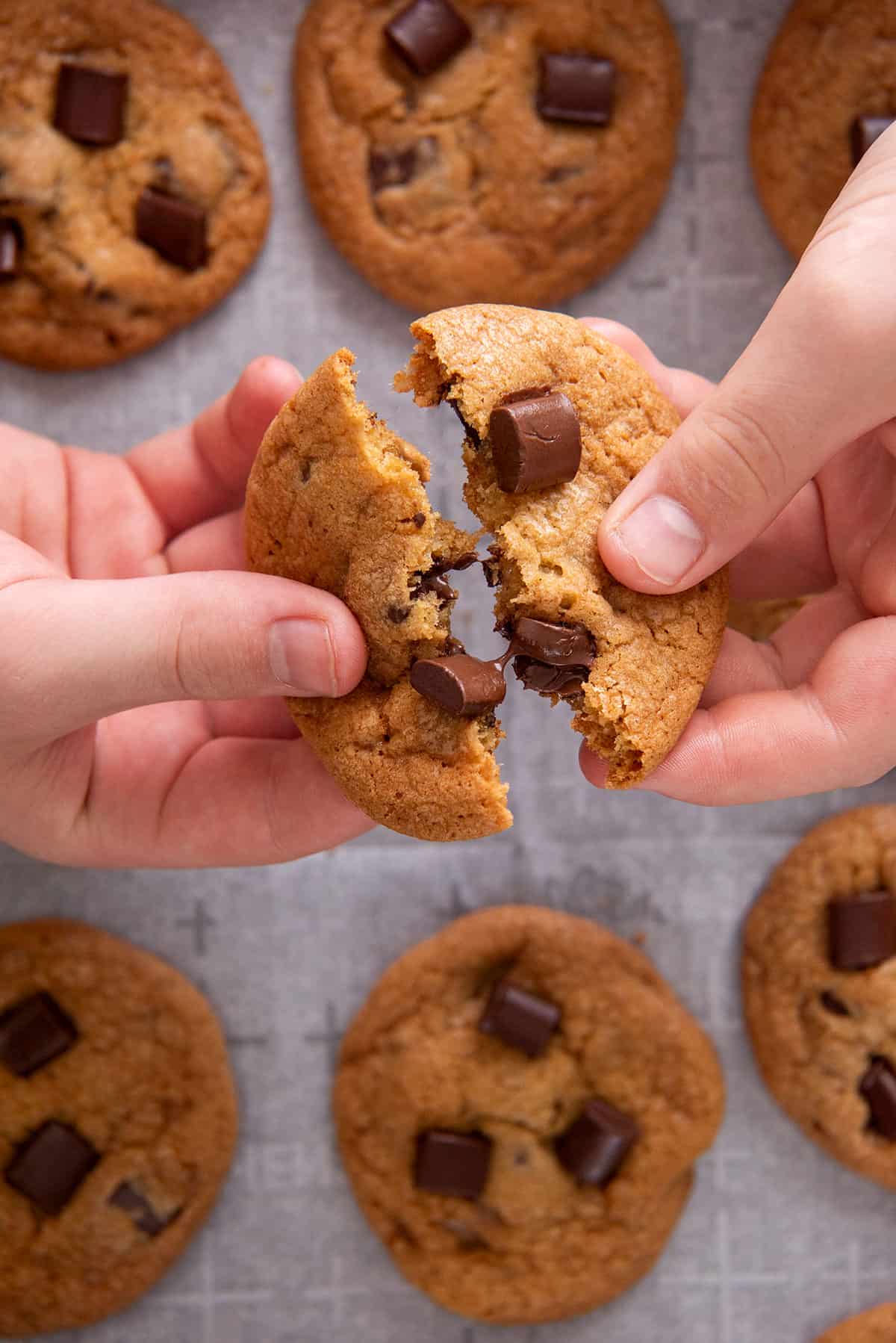 Hands holding up a toffee chocolate chip cookie and breaking it in half.