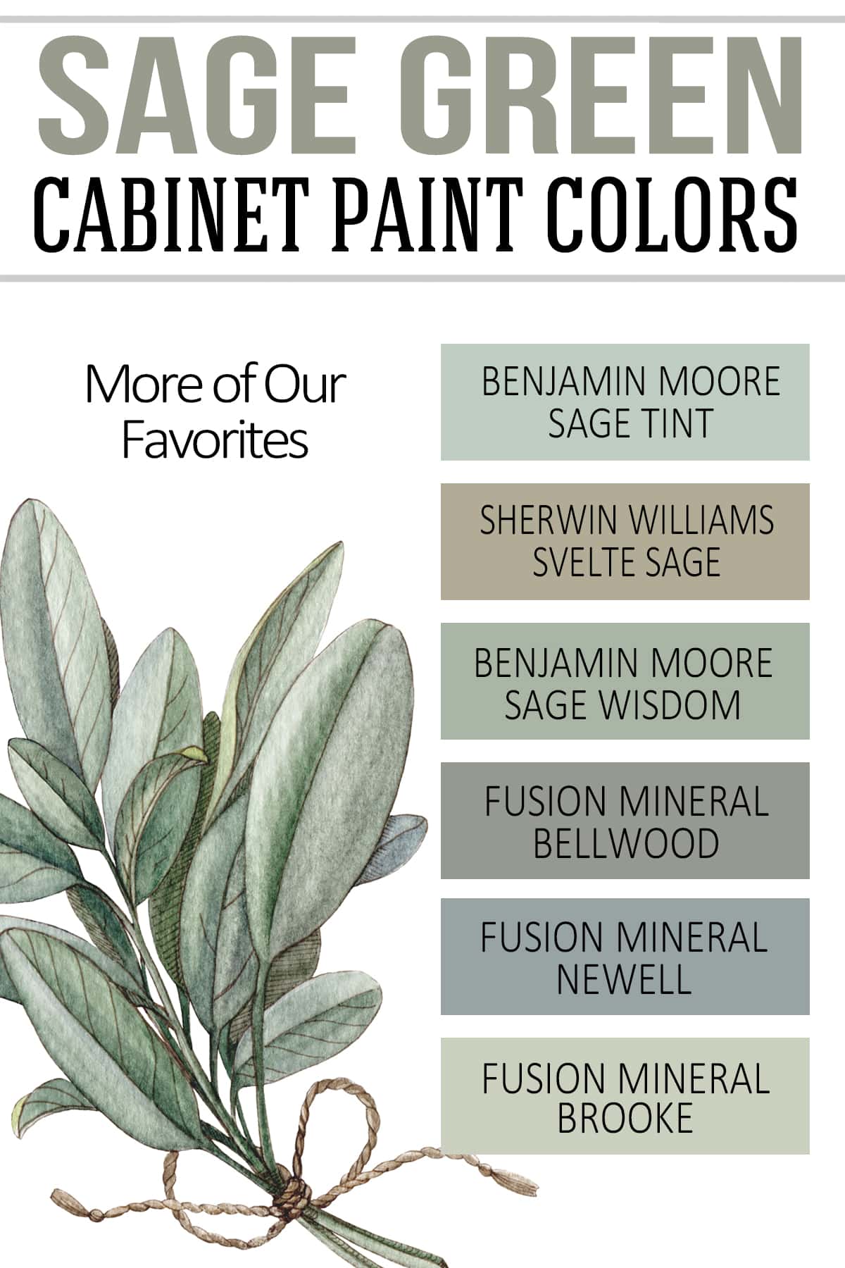Collage of sage green paint colors from Bejamin Moore, Sherwin Williams, and Fusion Mineral with a sage plant next to the swatches.