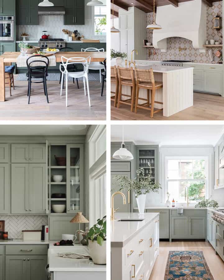 Collage of sage green kitchen cabinets in a variety of paint colors and shades.