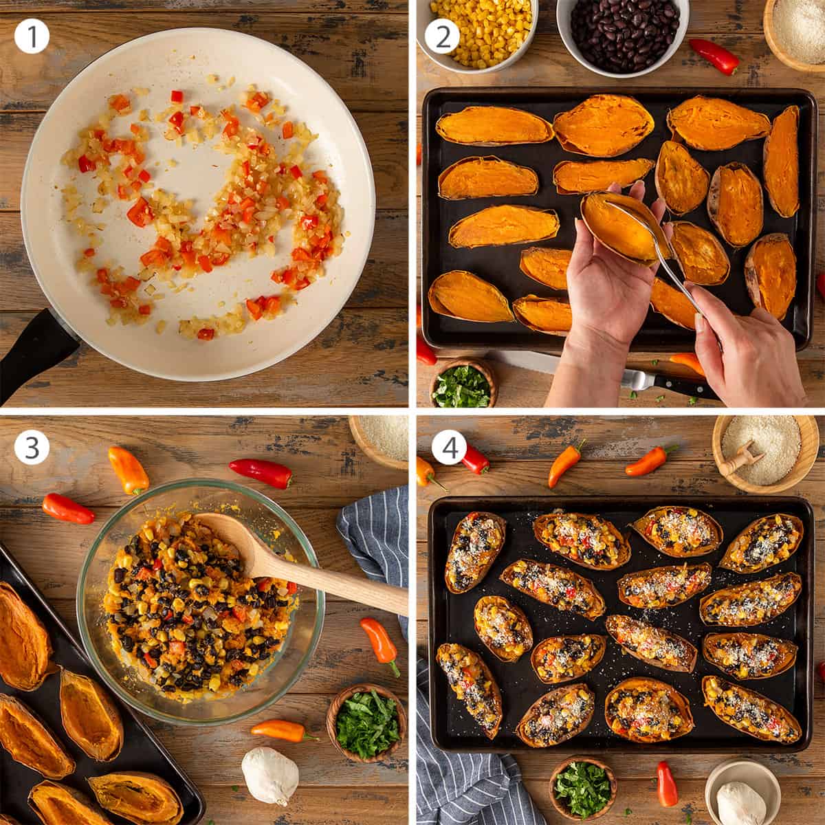 Collage of steps to make Mexican potato skins including sauteed vegetables, scooping out the skin, mixing ingredients, and stuffed potato skins.