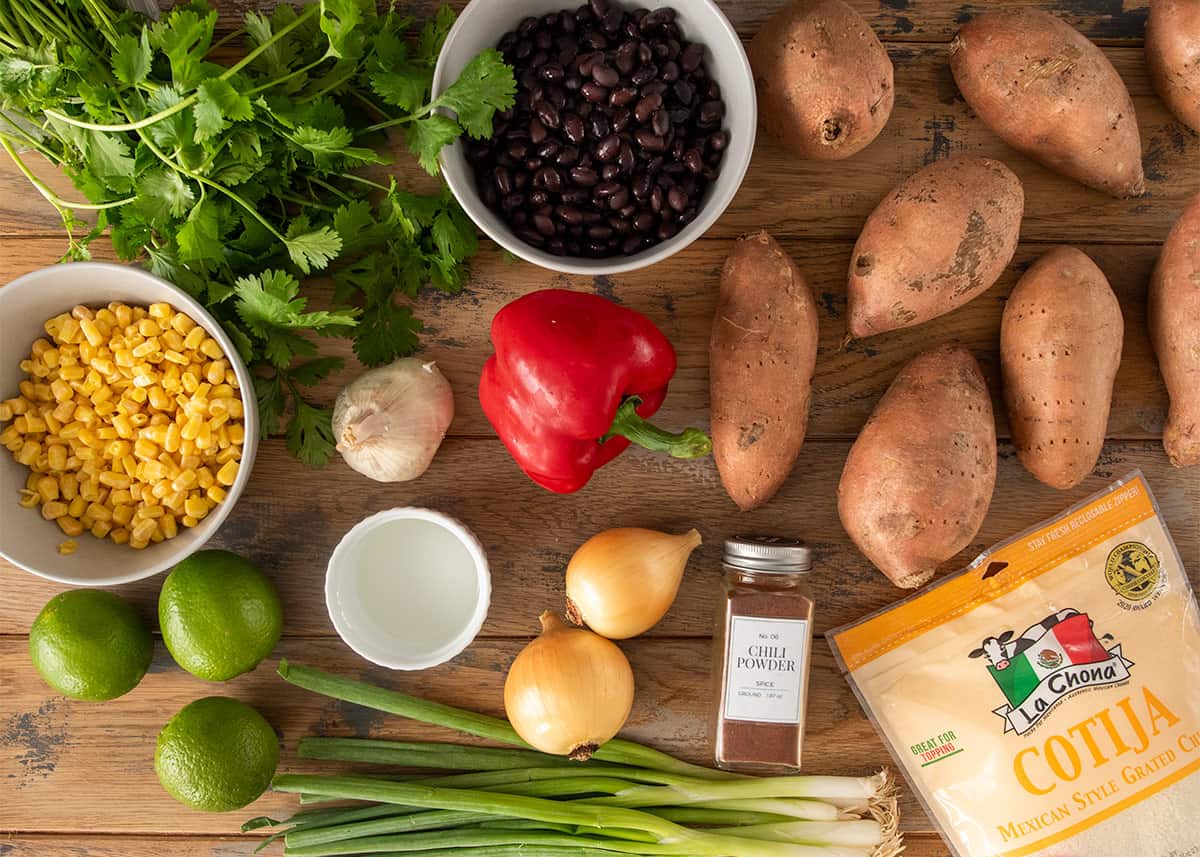 Ingredients to make Mexican sweet potatoes laid on a table.