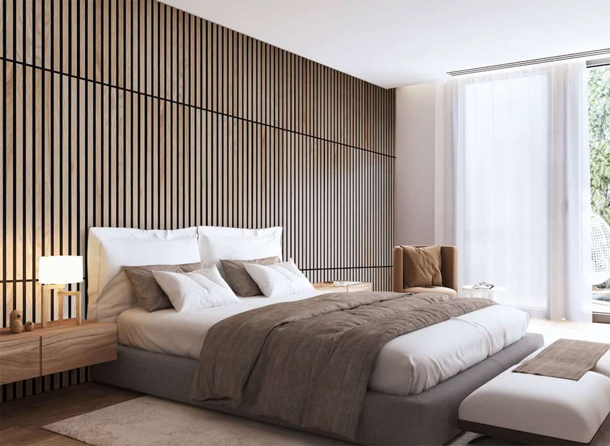 Wood acoustic panels provide efficient sound absorption and sleek style to this neutral mid-century modern bedroom.