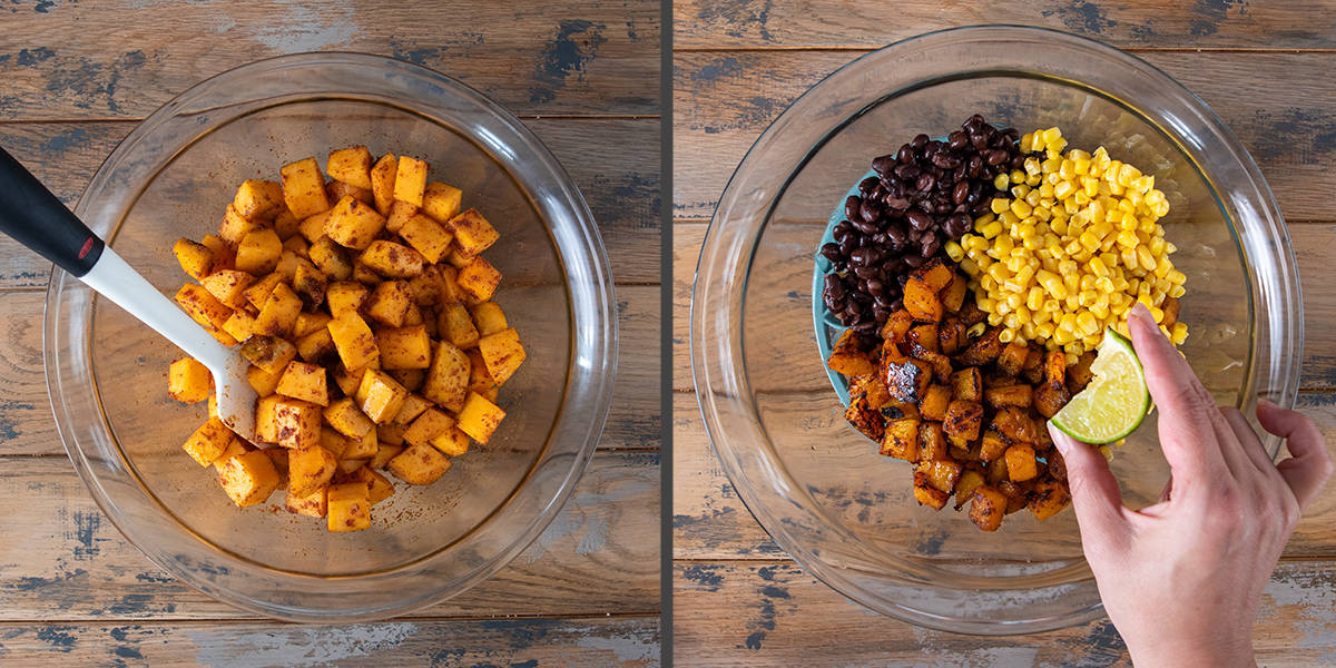 How to make squash taco filling including spiced butternut squash and stirring together the filling ingredients.