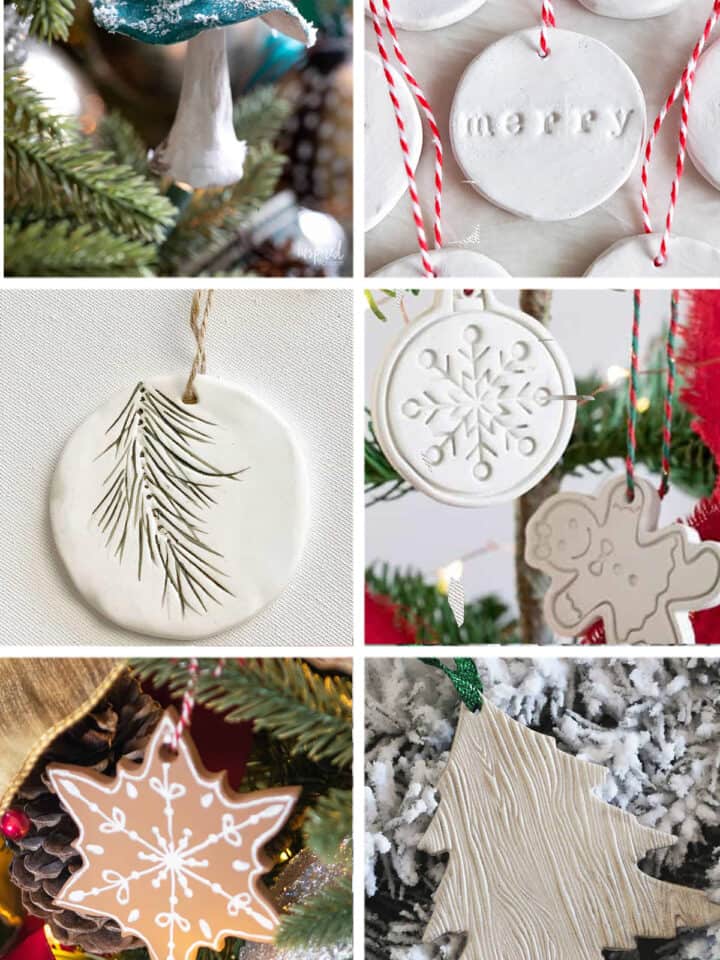 Collage of handmade clay Christmas ornaments including snowflakes, trees, and gingerbread.