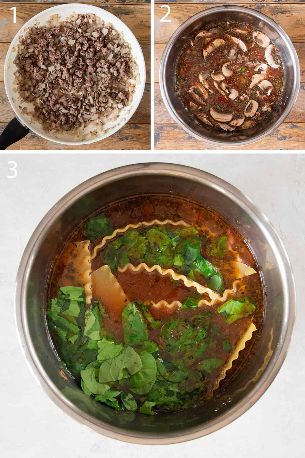 Collage of steps to make crockpot lasagna soup including cooking beef, vegetables, and pasta and spinach.