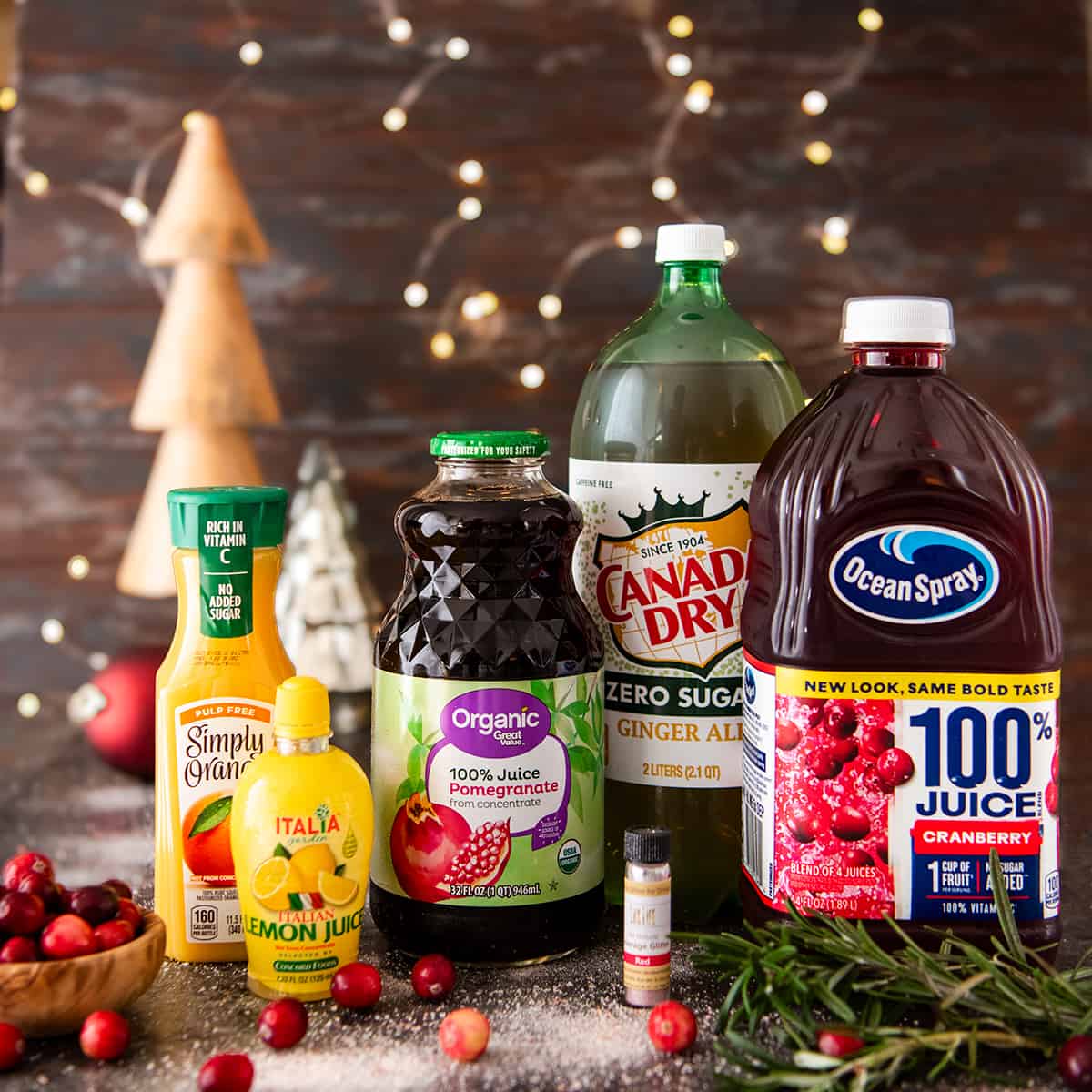 Ingredients to make a cranberry punch that is non-alcoholic and kid friendly.