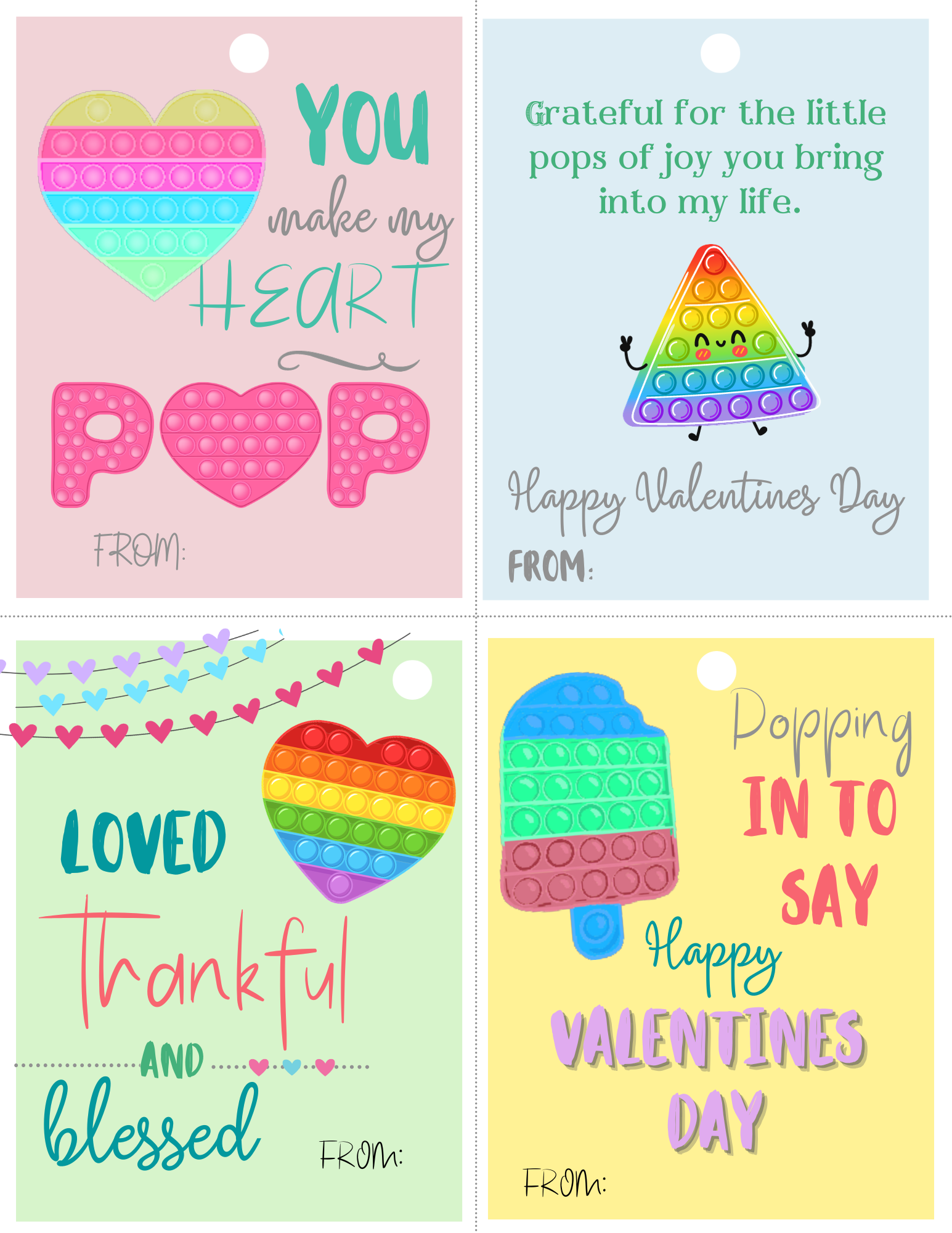 Four different interactive pop it valentine day cards.
