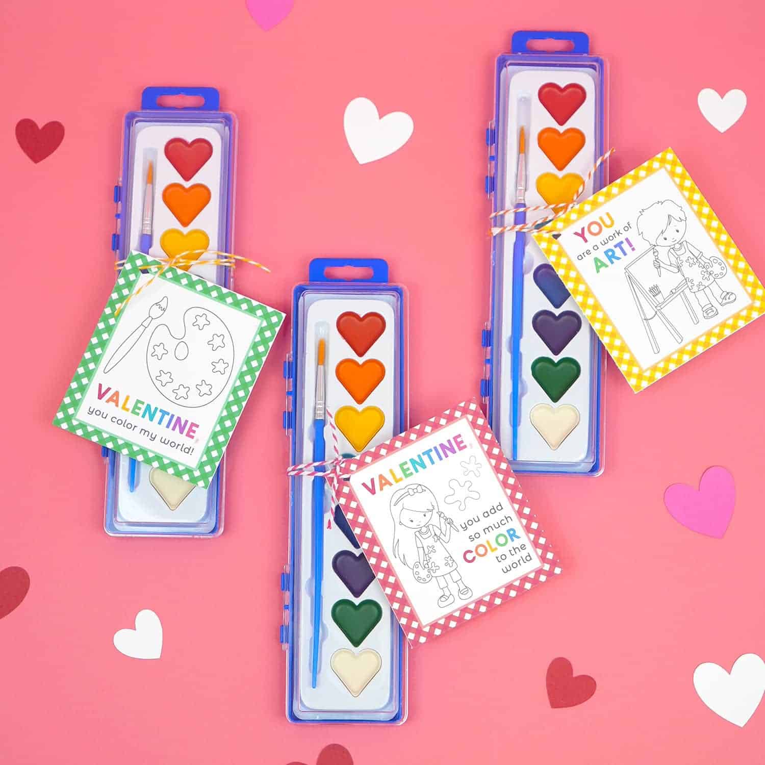 Artist and art inspired Valentine's Day card holder attached to watercolor paint sets.