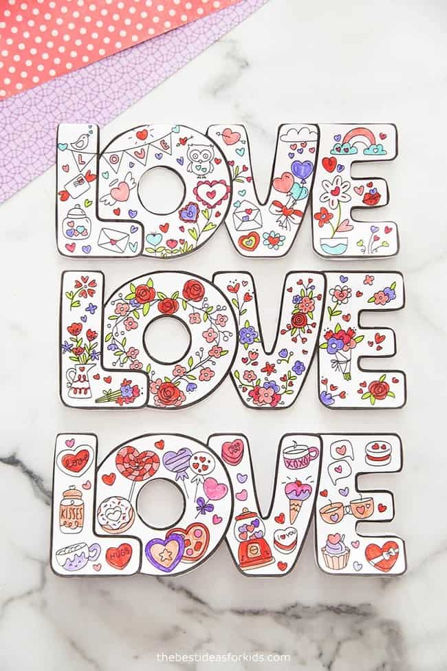 Three coloring pages cut into the love word and colored in various ways.