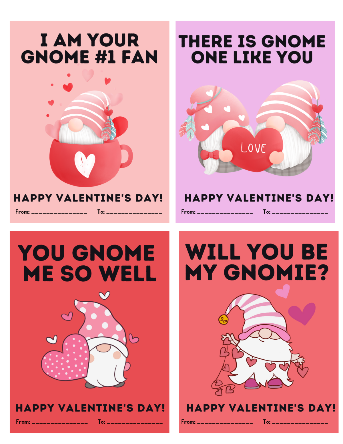 Four colorful pink gnome printable valentine cards.