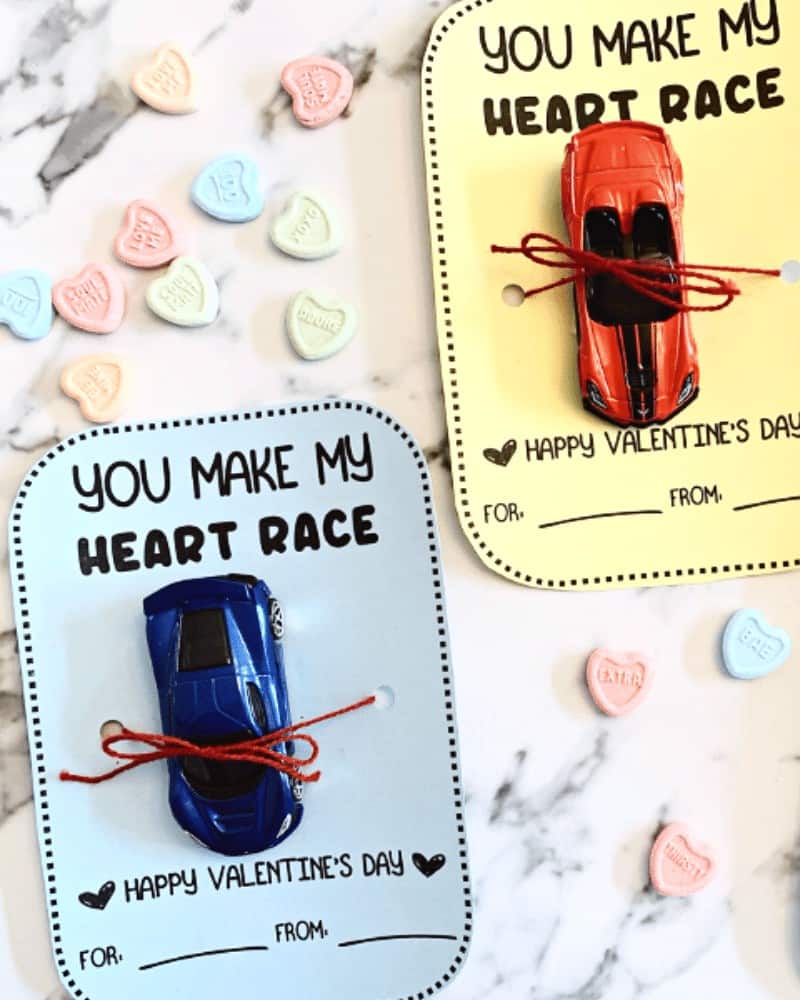 Closeup of race car Valentine's Day cards for kids.