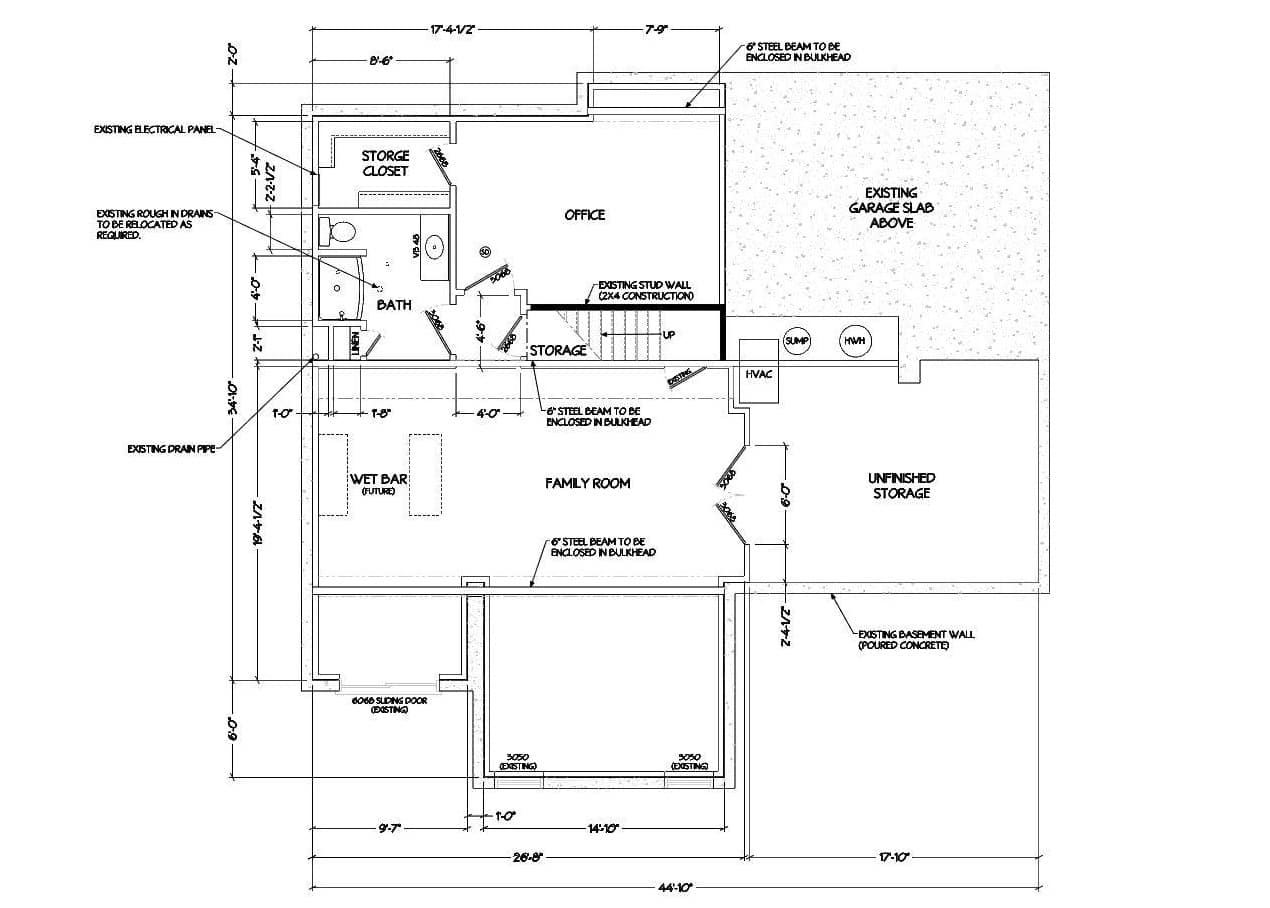 Detailed architectural drawing in CAD of plans for a finished basement.