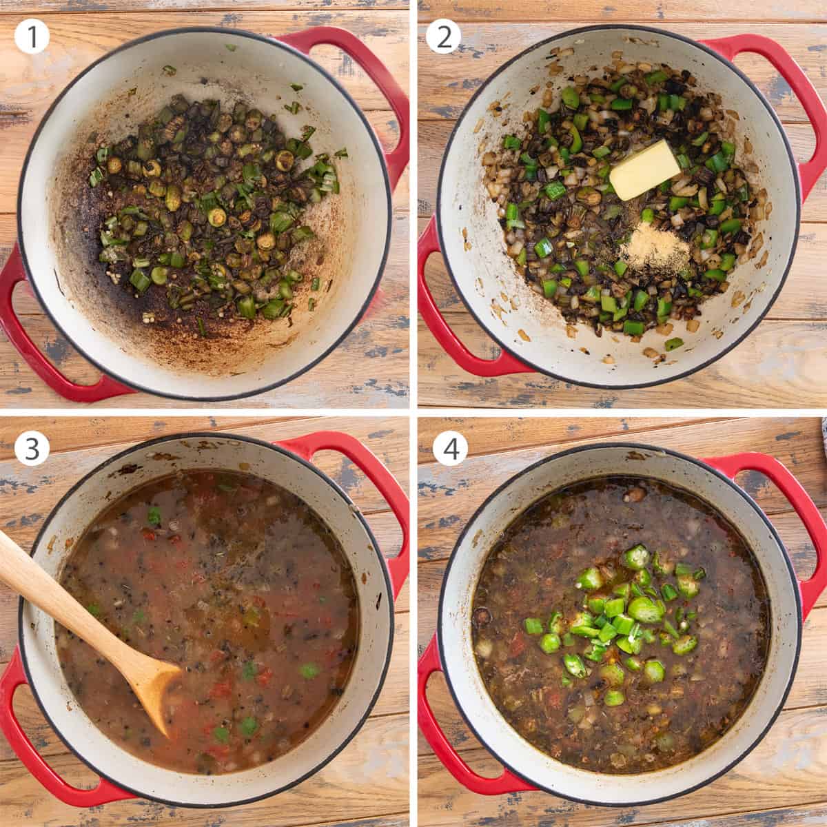 Collage of steps to make a seafood gumbo with okra including browning the vegetables, adding stock, and seasonings.