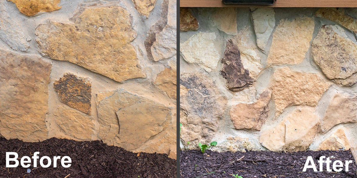 A before and after collage of dirty stone mortar cleaned.