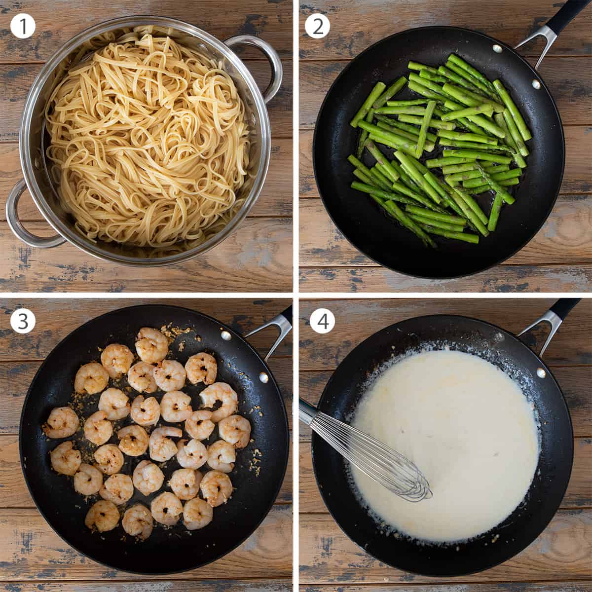 Collage of steps to make shrimp linguine pasta with asparagus and light cream sauce.