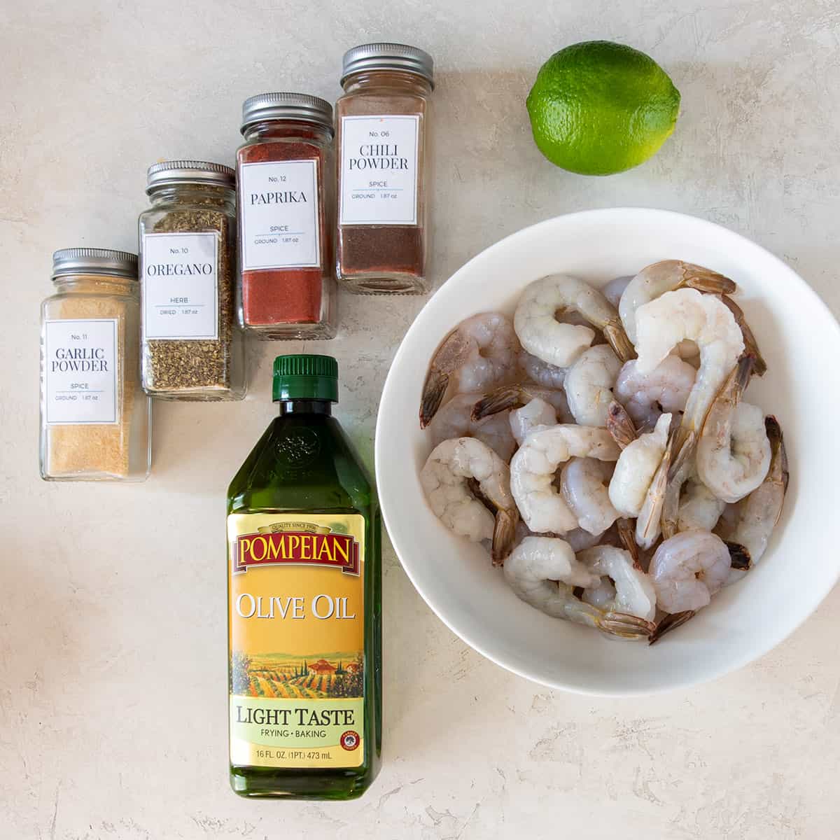 Ingredients for Caribbean spiced shrimp on a table.