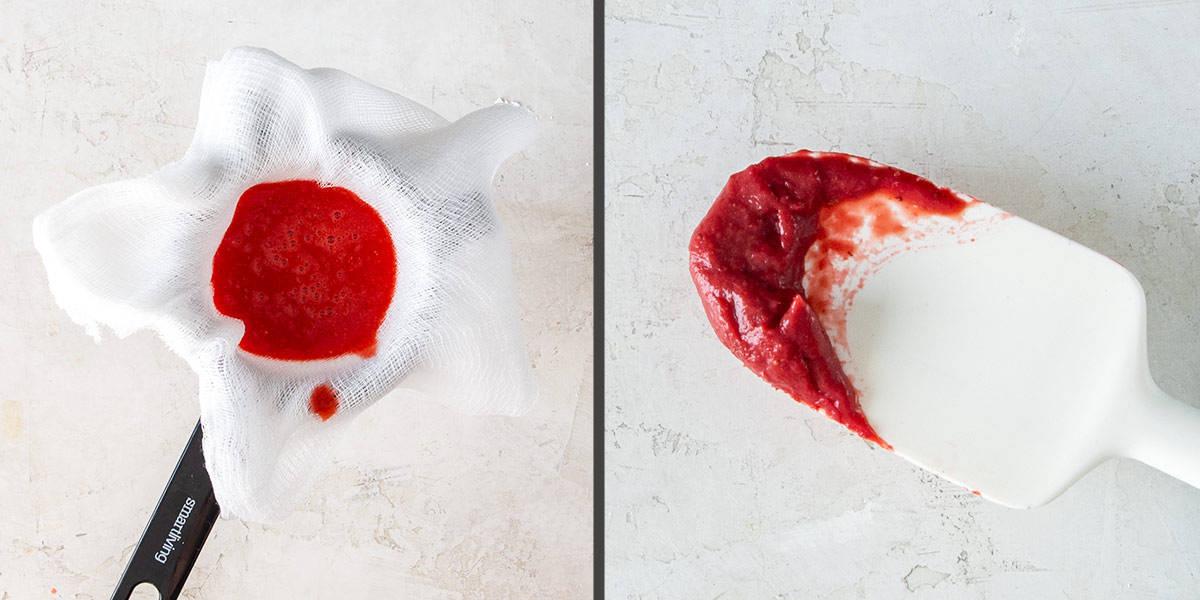 Strawberry puree being strained.