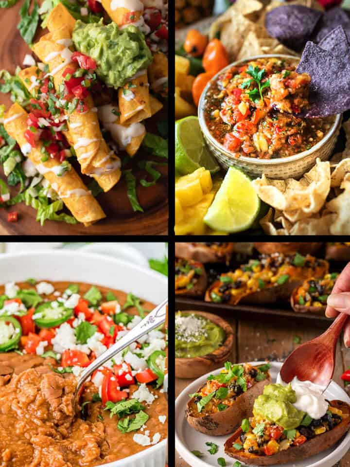 Collage of Mexican side dishes including Taquitos, salsa, beans, and stuffed potatoes.