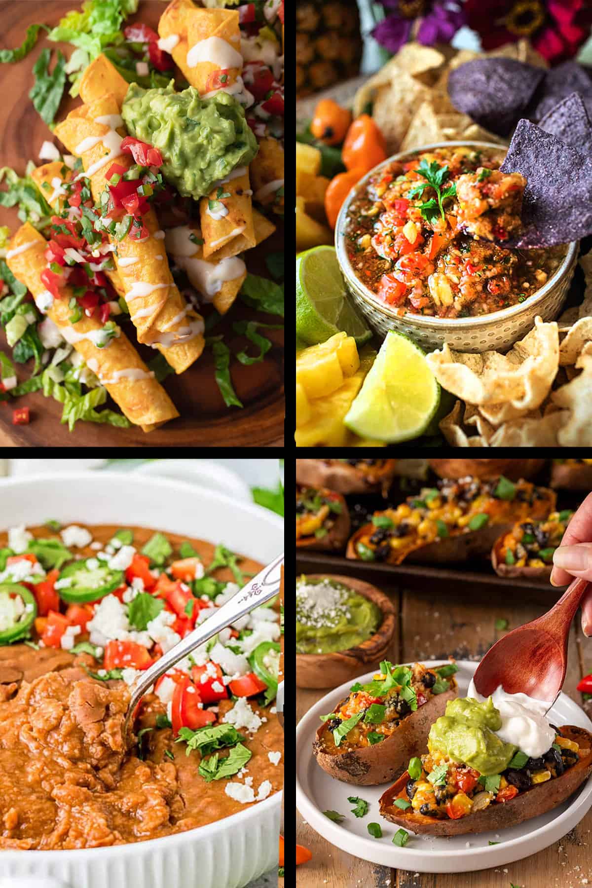 Collage of Mexican side dishes including Taquitos, salsa, beans, and stuffed potatoes.