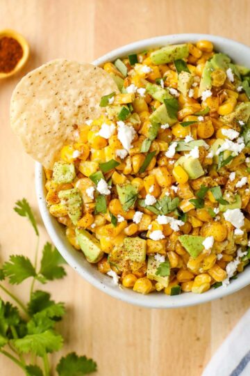 Overhead of Mexican corn salad with cilantro.