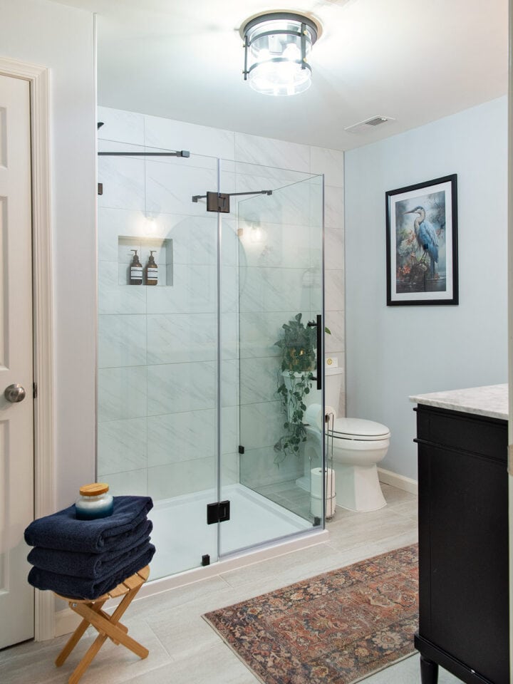 Cozy traditional basement bathroom with no windows and a boho aesthetic.