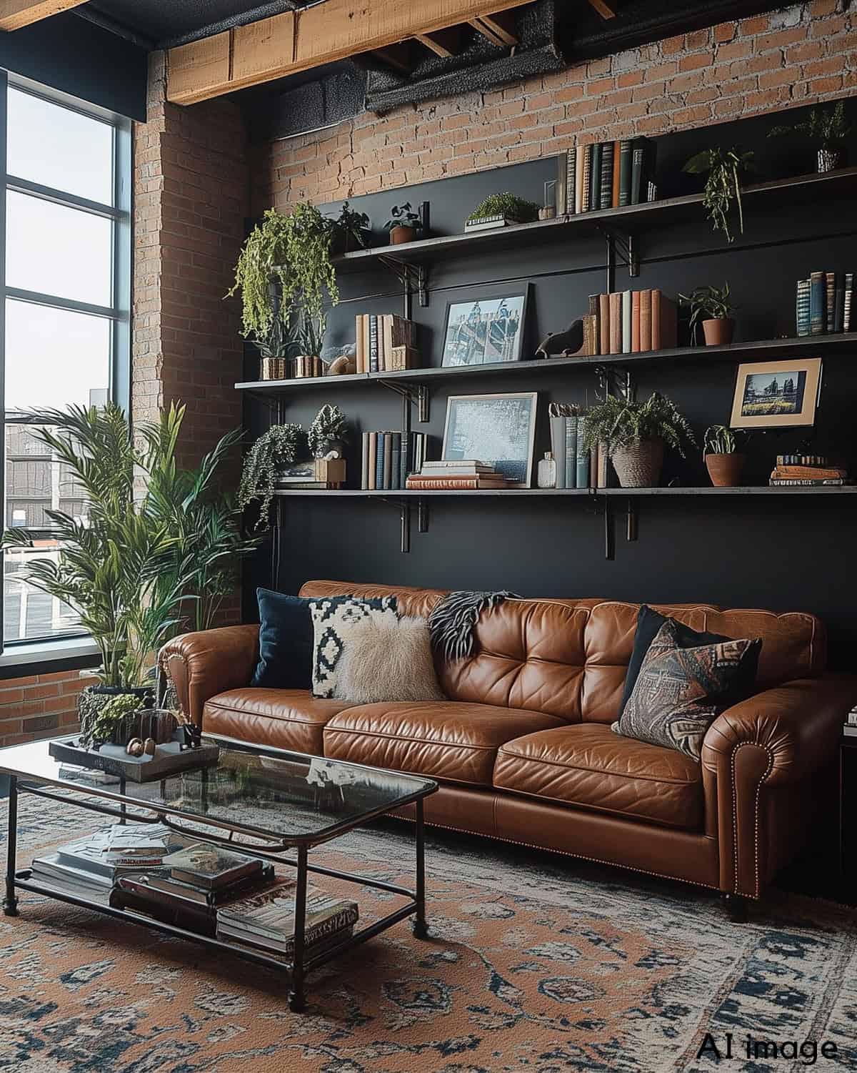 Living room with leather couch in a moddy, masculine vibe with brick walls and decorated shelves on a black accent wall.