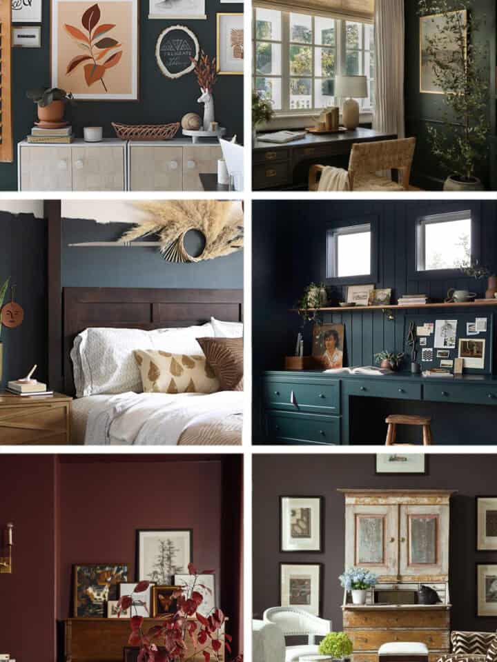A collage of moody painted bedrooms and office spaces with dark colors.