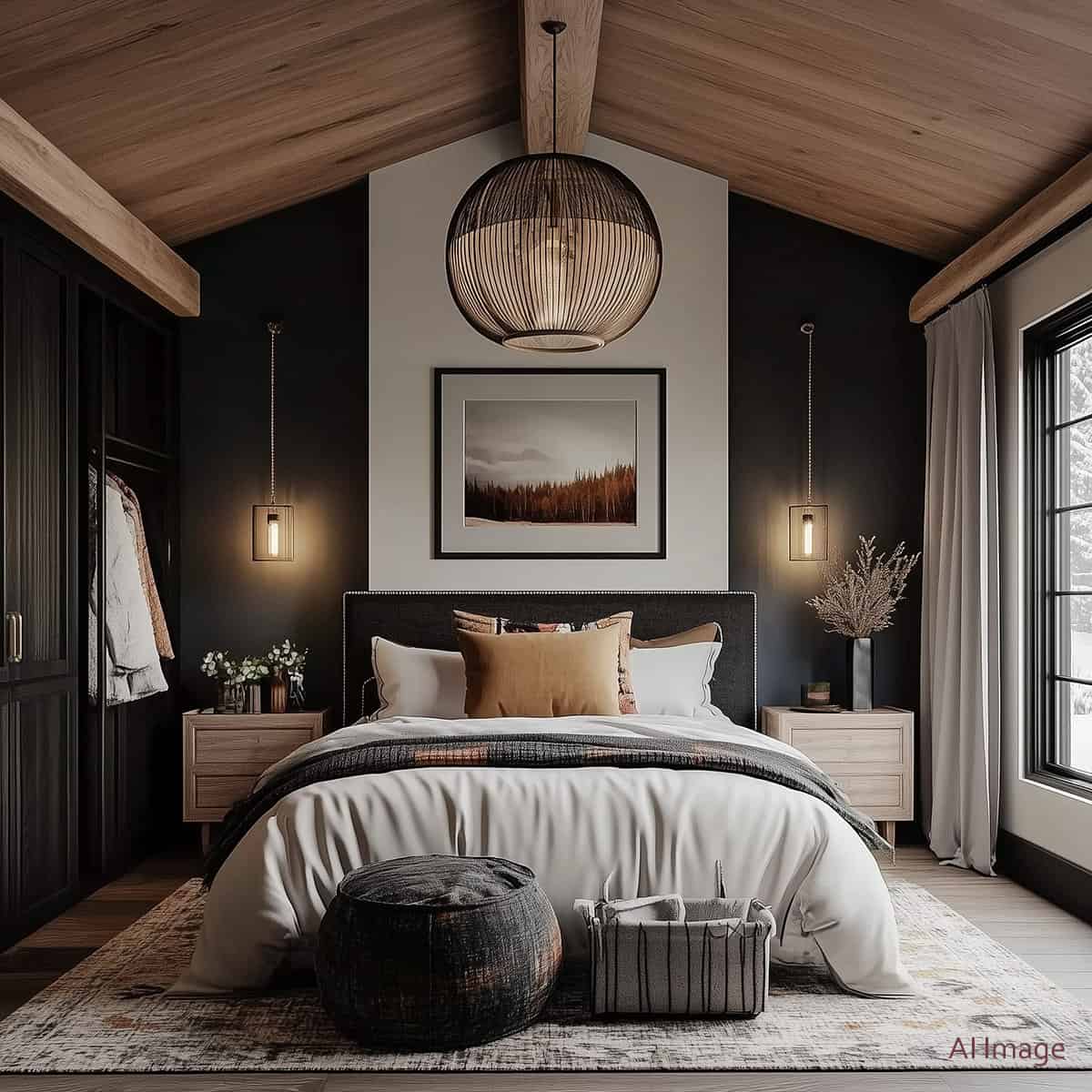 Moody bedroom in neutral colors with wood ceilings, large chandelier, and cozy black accent walls with lights on either side.
