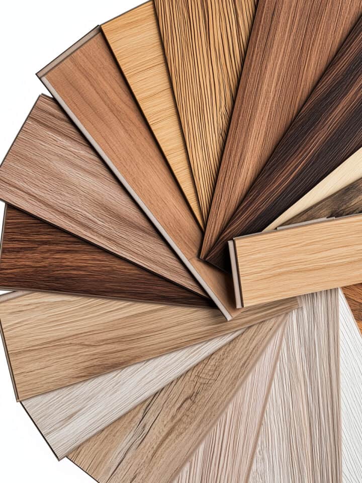 A fan deck showing various vinyl flooring samples on a white background.