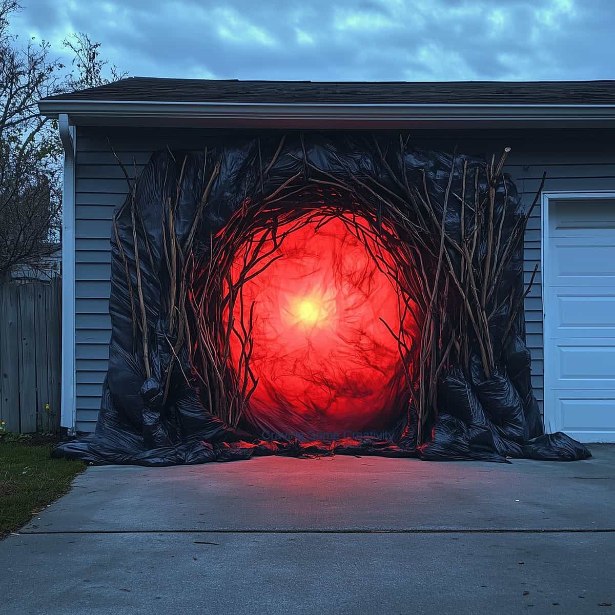 DIY Stranger Things portal on garage door crafted from sticks, trash bags, and sheets.