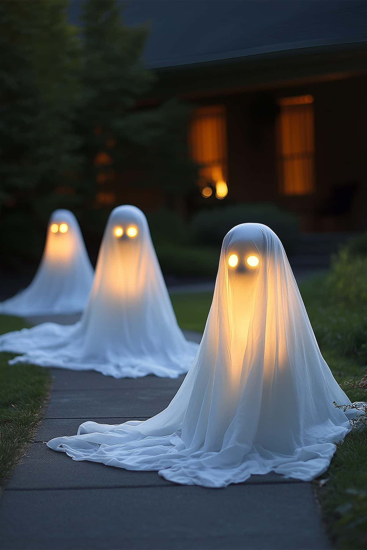 Tomato cage ghosts with skull faces cast a spooky glow on a walkway.