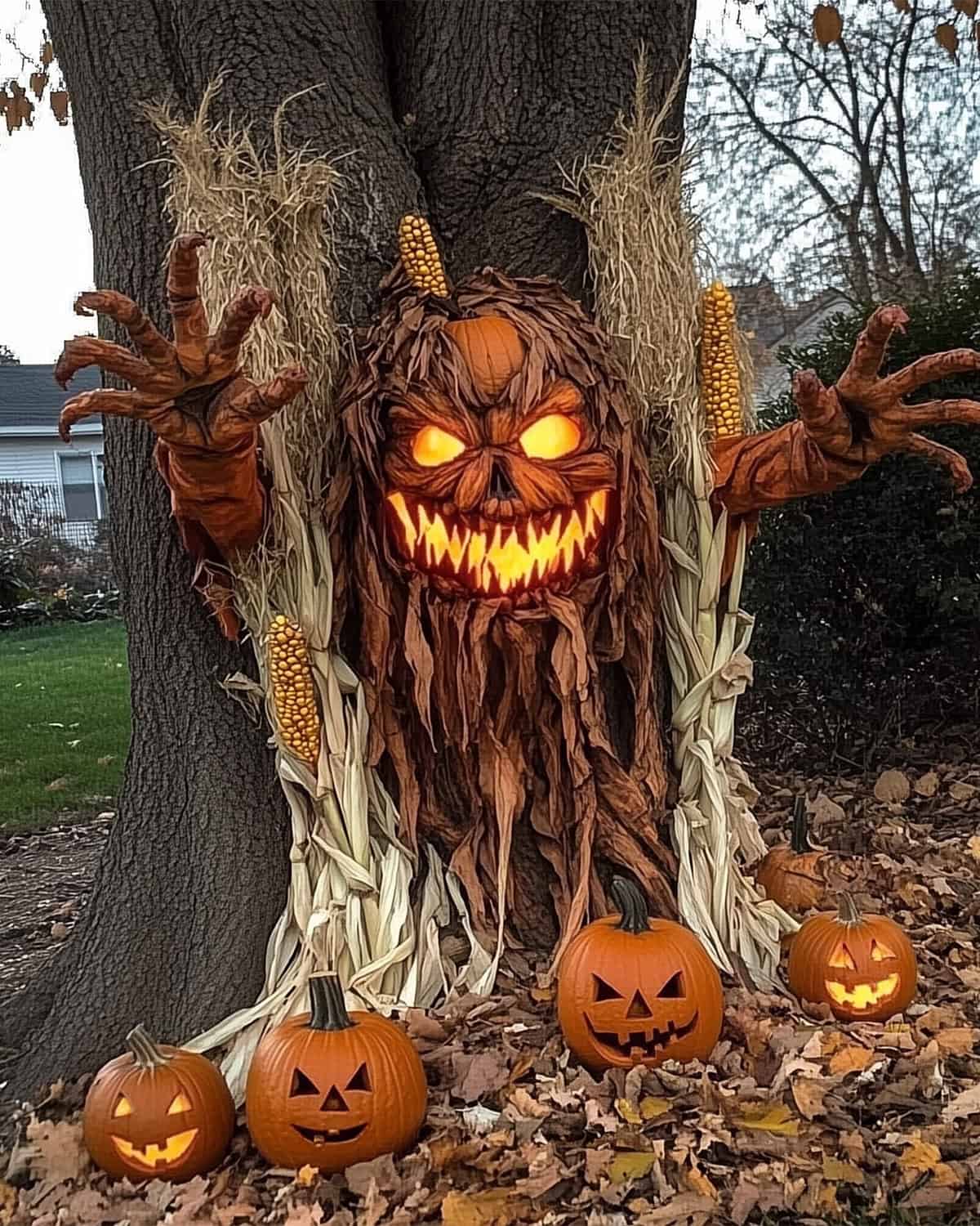 Outdoor DIY Halloween decorations including hanging ghosts