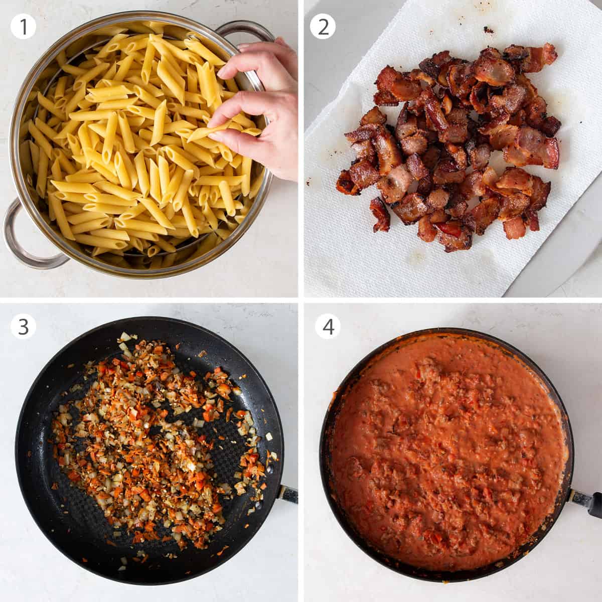 Collage featuring instructions like cooked noodles, cooked bacon, skillet with sausage cooked and lightly sauced.
