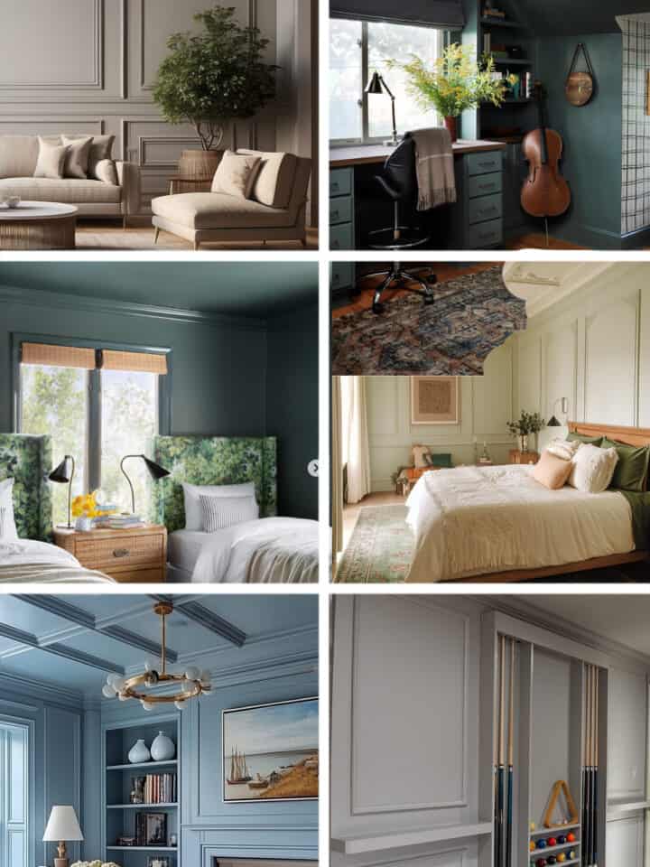 Several examples of color drenched rooms including living room, bedroom, and office in various paints.