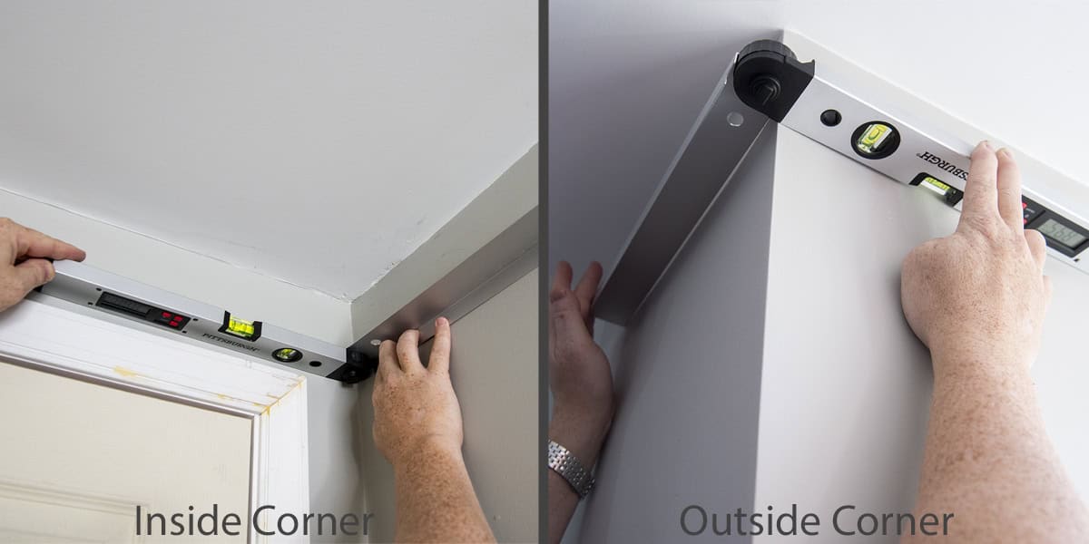 A digital angle finder being used on the inside and outside corners of a wall.