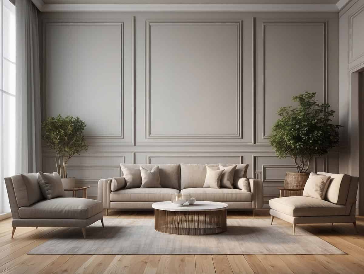 Large living room with three traditional wall panels in the background.