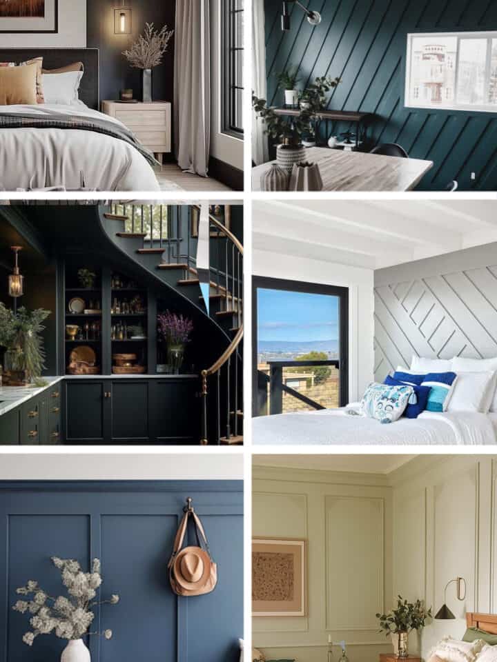 Collage of modern and traditional wall moulding styles in bedrooms, hallways, and living room.