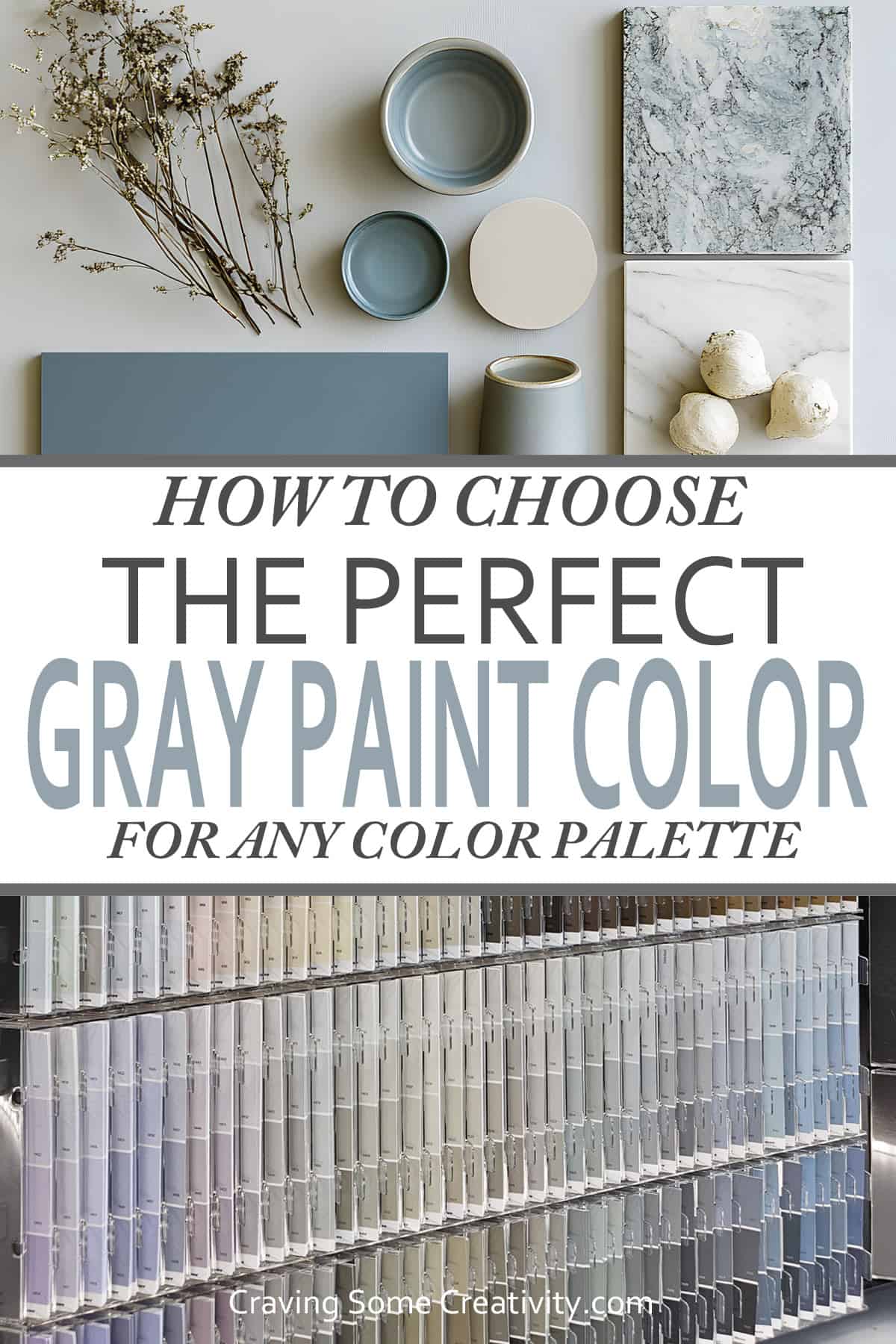 Gray colored mood board and paint swatch wall with title overlay.
